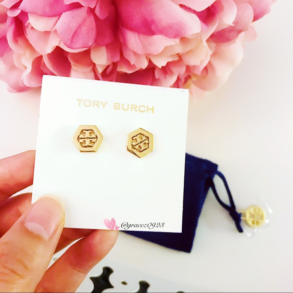 NWT Tory Burch Hex Logo stud earrings gold